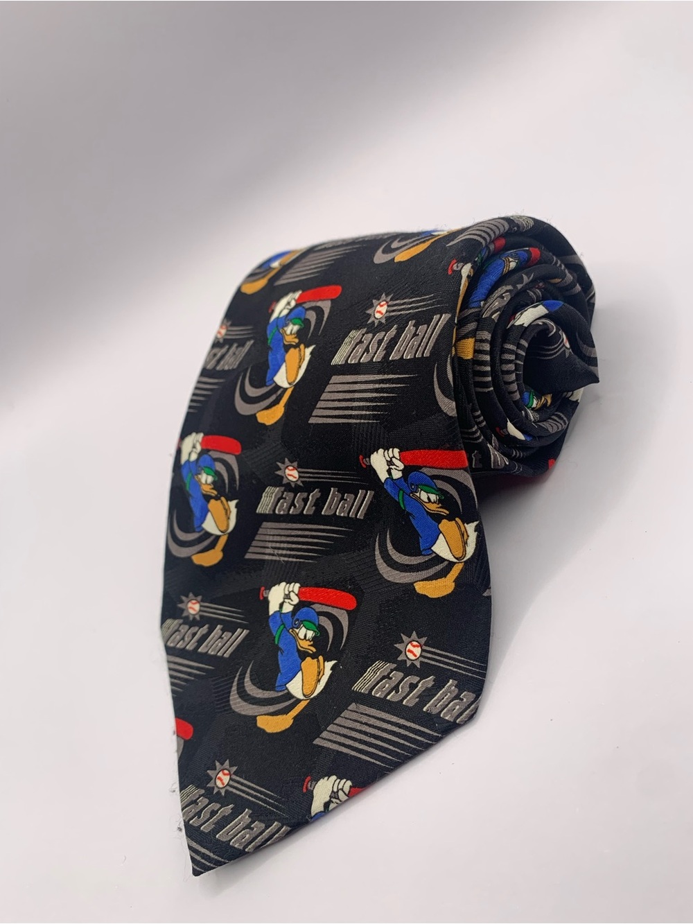 Donald Duck Black Novelty 'Fast Ball' Graphic Baseball Tie Disney Rare